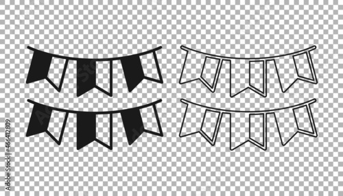 Black Carnival garland with flags icon isolated on transparent background. Party pennants for birthday celebration, festival decoration. Vector