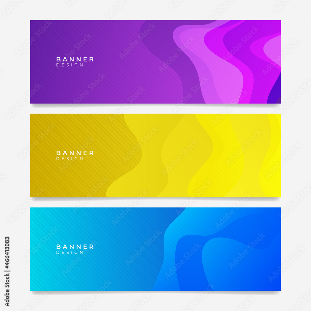 Colorful web banner with wave shapes. Collection of horizontal promotion banners with gradient colors and abstract geometric backdrop. Header design. Vibrant coupon template.