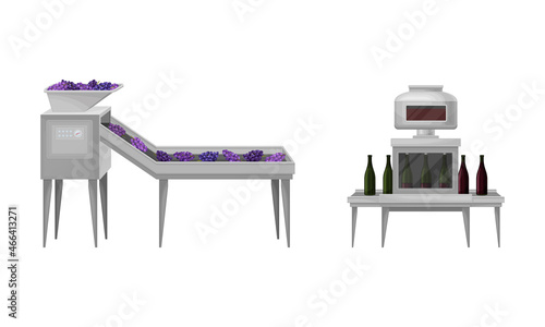 Grapes on Conveyor Belt and Bottling Process Vector Set