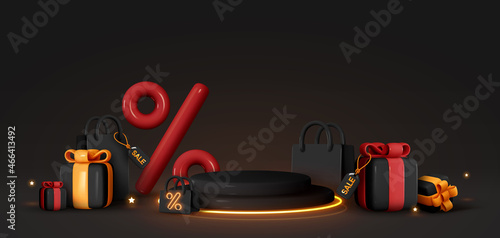 Black Friday Sale. Realistic 3d design stage podium, round studio, gold neon lights, gift box black, red bow, shopping bag, big percent label discount. Creative marketing concept. Vector illustration