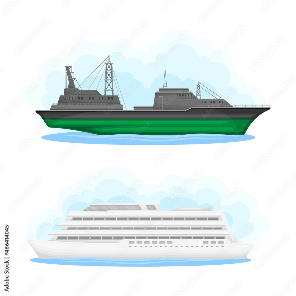 Water Transport with Cruise Ship and Reefer Cargo Ship Vector Set Water Transport with Cruise Ship and Reefer Cargo Ship Vector Set
