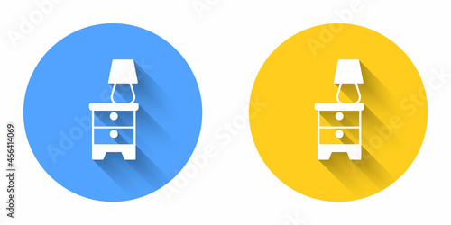 White Furniture nightstand with lamp icon isolated with long shadow background. Circle button. Vector