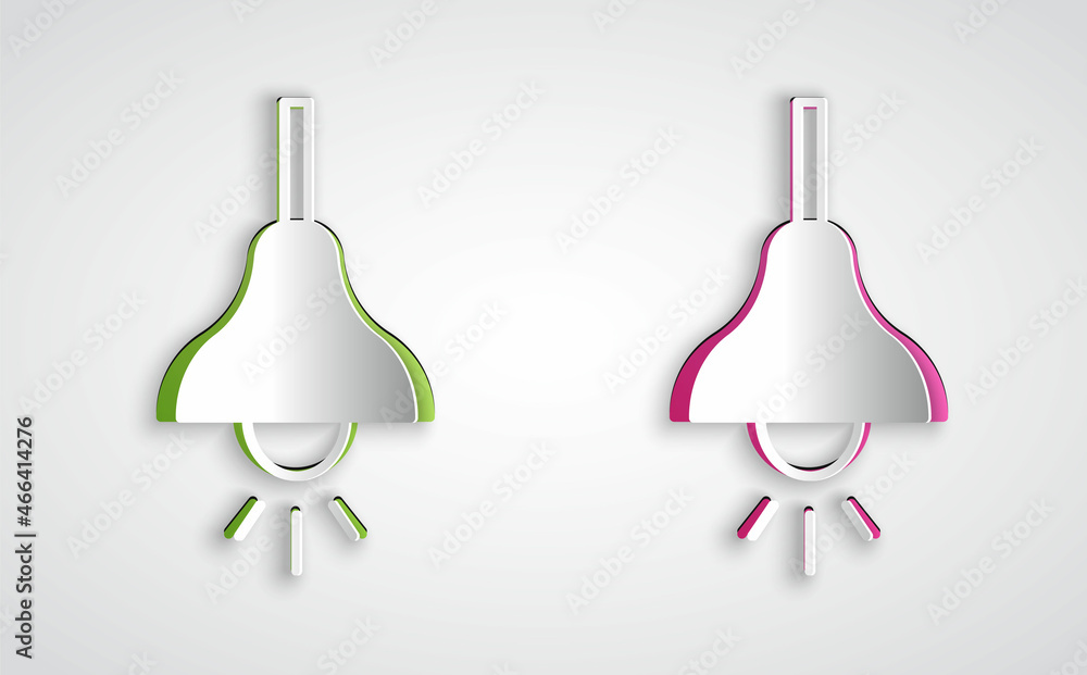 Paper cut Lamp hanging icon isolated on grey background. Ceiling lamp light bulb. Paper art style. Vector Paper cut Lamp hanging icon isolated on grey background. Ceiling lamp light bulb. Paper art style. Vector