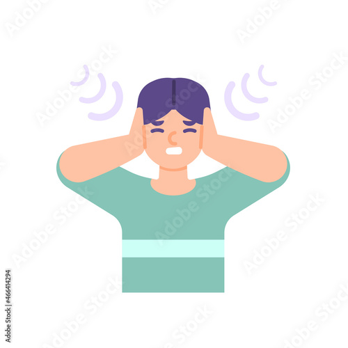 a man covers his ears with his hands to avoid disturbance of sound. illustration of the expression of a person who feels uncomfortable or disturbed. flat cartoon style. vector design elements