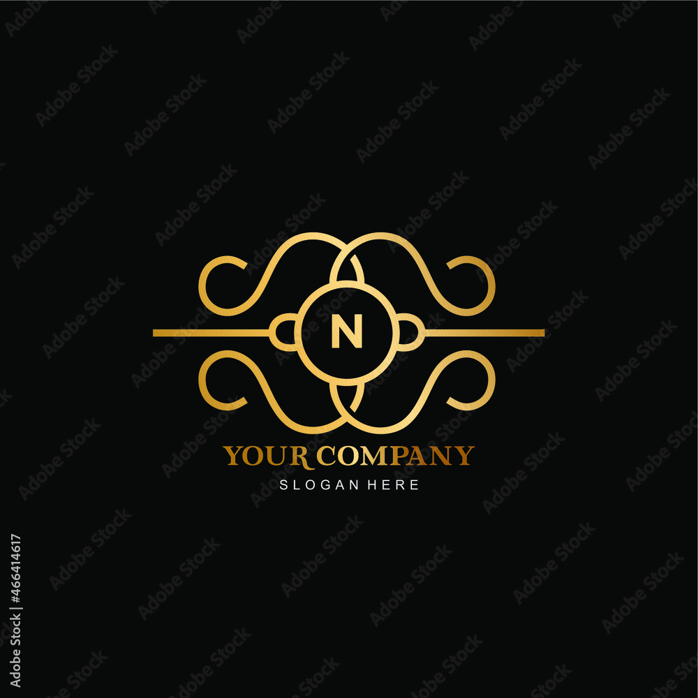 letter N vector logo and gold frame. simple and elegant gold frame line art with letter N .premium letter N vector template letter N vector logo and gold frame. simple and elegant gold frame line art with letter N .premium letter N vector template
