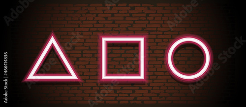 Glowing neon symbols: triangle, circle and square. Night glowing symbols on brick wall background. Vector illustration