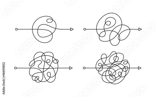 Simplifying process. Scribble chaos lines with arrows. Process of understanding. Difficult way to solve problems in business. Hand drawn doodle vector illustration isolated. Editable stroke.