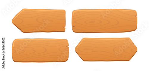 Wooden planks, boards and arrow set in cartoon style with cracked details. Interface element with wooden texture. Vector illustration isolated on white background.