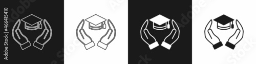 Set Education grant icon isolated on black and white background. Tuition fee, financial education, budget fund, scholarship program, graduation hat. Vector