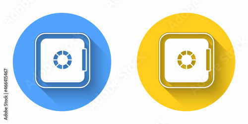 White Safe icon isolated with long shadow background. The door safe a bank vault with a combination lock. Reliable Data Protection. Circle button. Vector