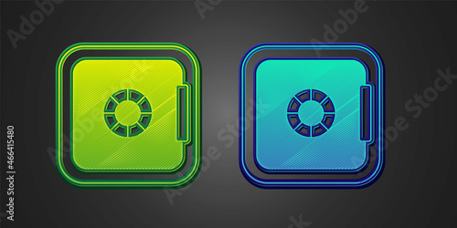 Green and blue Safe icon isolated on black background. The door safe a bank vault with a combination lock. Reliable Data Protection. Vector
