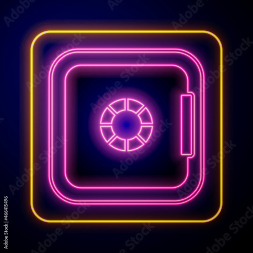 Glowing neon Safe icon isolated on black background. The door safe a bank vault with a combination lock. Reliable Data Protection. Vector