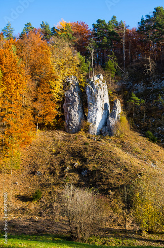 Rocky Formation - Father  mather and son in Moravian karst in the South Moravia  Czech republic. Autumn view.