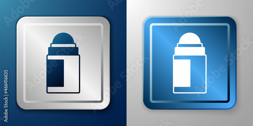 White Antiperspirant deodorant roll icon isolated on blue and grey background. Cosmetic for body hygiene. Silver and blue square button. Vector