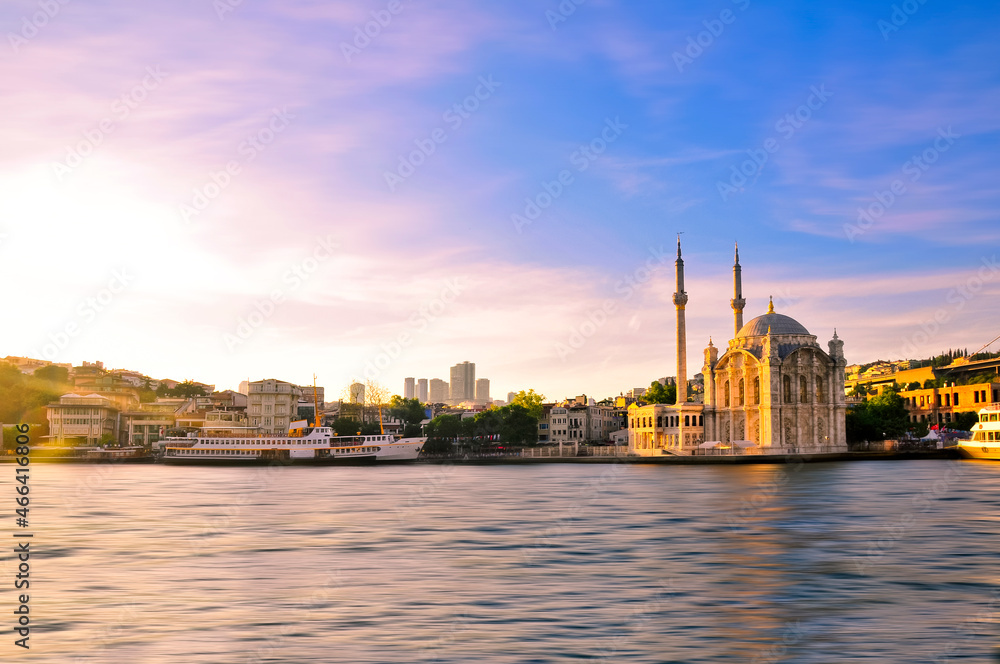 Ortakoy Mecidiye Mosque at sunset, Istanbul, Turkey.