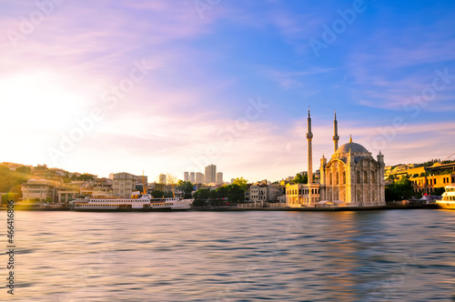 Ortakoy Mecidiye Mosque at sunset, Istanbul, Turkey.