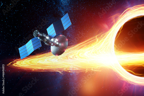 Fototapeta Naklejka Na Ścianę i Meble -  Space probes and satellites on the background of a black hole. Space exploration, science, galaxy core, star death. 3D illustration, 3D render.
