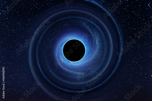 Black hole against the background of the Milky Way and stars, a supermassive singularity. Space, science, galactic nucleus, death of a star, glowing plasma. 3D illustration, 3D render.