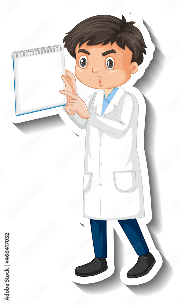 Scientist boy holding empty board cartoon character sticker Scientist boy holding empty board cartoon character sticker