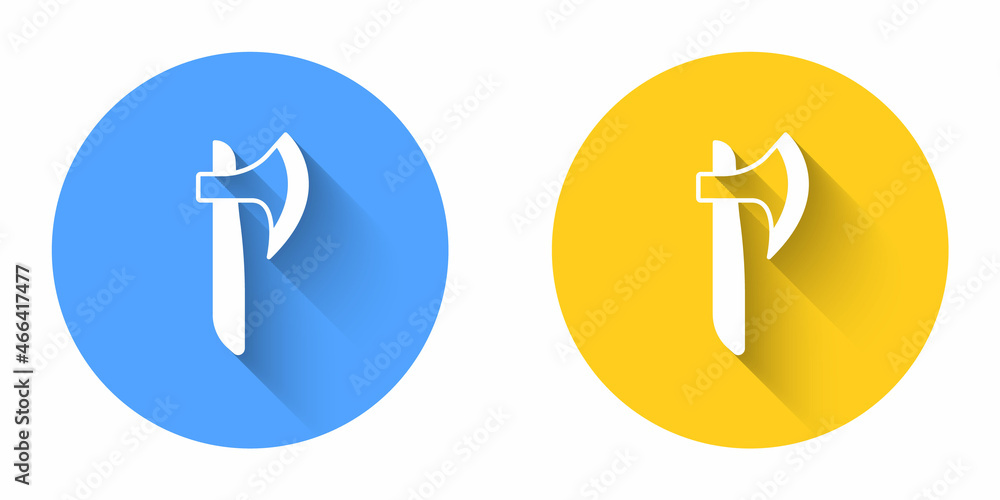 White Wooden axe icon isolated with long shadow background. Lumberjack axe. Circle button. Vector White Wooden axe icon isolated with long shadow background. Lumberjack axe. Circle button. Vector