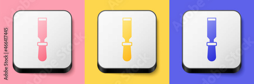 Isometric Chisel tool for wood icon isolated on pink, yellow and blue background. Square button. Vector