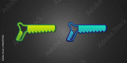 Green and blue Hand saw icon isolated on black background. Vector