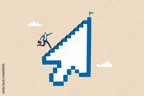 Digital marketing or digital transformation, seo, online technology or internet to achieve business success concept, smart businessman walk up computer mouse pointer as staircase to reach goal.