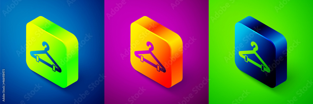 Isometric Hanger wardrobe icon isolated on blue, purple and green background. Cloakroom icon. Clothes service symbol. Laundry hanger sign. Square button. Vector Isometric Hanger wardrobe icon isolated on blue, purple and green background. Cloakroom icon. Clothes service symbol. Laundry hanger sign. Square button. Vector