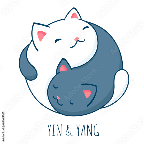 Yin yang cat. Two cute black and white cats in the shape of yin yang. Can be used for t-shirt print, stickers, greeting card design. Vector illustration EPS8