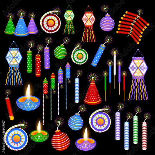 Illustration of burning oil lamp(diya) and beautiful decorative elements and fire crackers on Happy Diwali celebration.