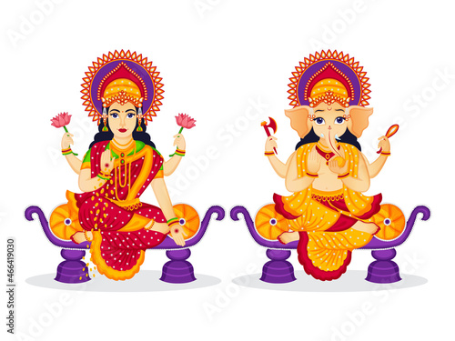 Illustration of Lord ganesha and goddess laxmi character design for Happy Diwali celebration other indian festivals.