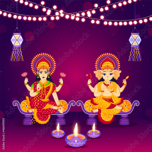 Happy Diwali celebration concept with beautiful illustration of lord ganesha and goddess laxmi (Shubh Laabh)