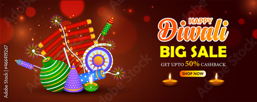 Happy Diwali big sale and great discount offer banner,poster or header design concept with fire crackers.