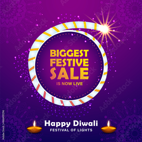 Happy Diwali biggest festive sale design concept, beautiful diya and dizzy guinea lighting.