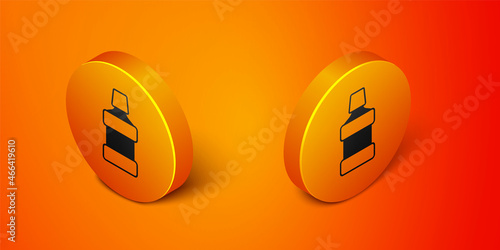 Isometric Mouthwash plastic bottle icon isolated on orange background. Liquid for rinsing mouth. Oralcare equipment. Orange circle button. Vector