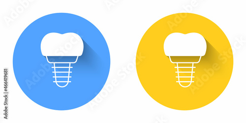 White Dental implant icon isolated with long shadow background. Circle button. Vector