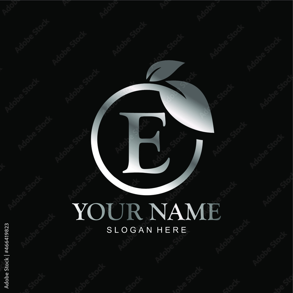 letter E logo and leaf circle. premium vector letter E with silver luxury color leaf. letter E metal model letter E logo and leaf circle. premium vector letter E with silver luxury color leaf. letter E metal model