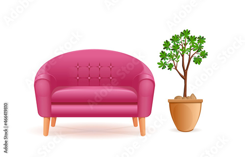 Interior details - a sofa and a potted tree. Vector illustration isolated on white