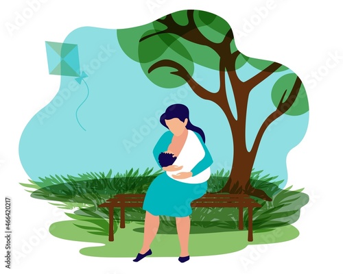 Woman breastfeeds a toddler while sitting on a park bench. Mom and Baby in a sling. Public feeding. Natural background. Modern flat vector illustration.