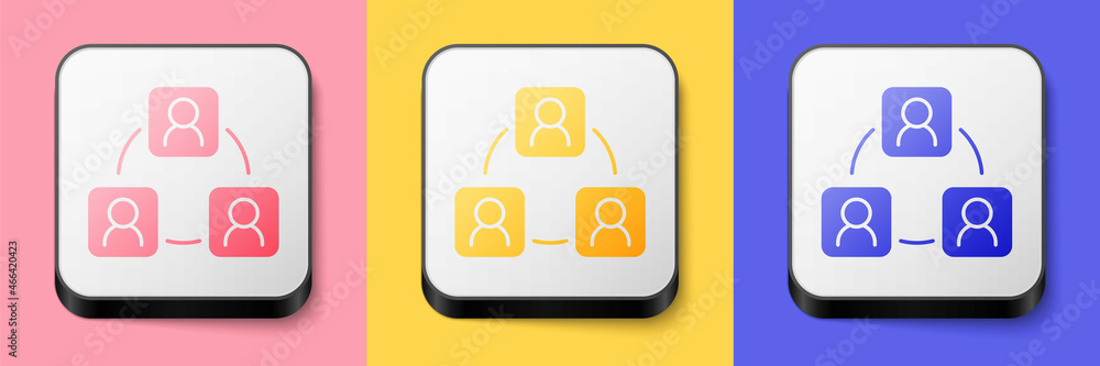 Isometric Meeting icon isolated on pink, yellow and blue background. Business team meeting, discussion concept, analysis, content strategy. Presentation conference. Square button. Vector Isometric Meeting icon isolated on pink, yellow and blue background. Business team meeting, discussion concept, analysis, content strategy. Presentation conference. Square button. Vector