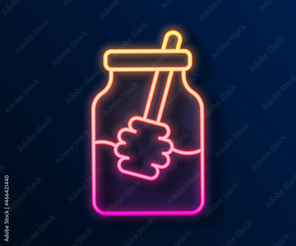 Glowing neon line Jar of honey and honey dipper stick icon isolated on black background. Food bank. Sweet natural food symbol. Honey ladle. Vector Glowing neon line Jar of honey and honey dipper stick icon isolated on black background. Food bank. Sweet natural food symbol. Honey ladle. Vector