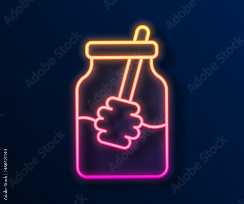 Glowing neon line Jar of honey and honey dipper stick icon isolated on black background. Food bank. Sweet natural food symbol. Honey ladle. Vector