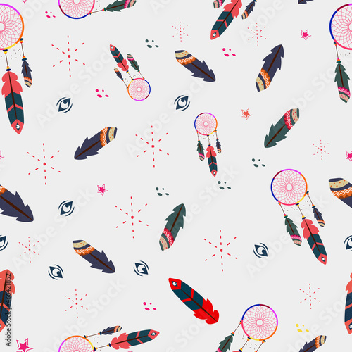 Boho Style Dream Catcher And Feathers Decorated On White Background.
