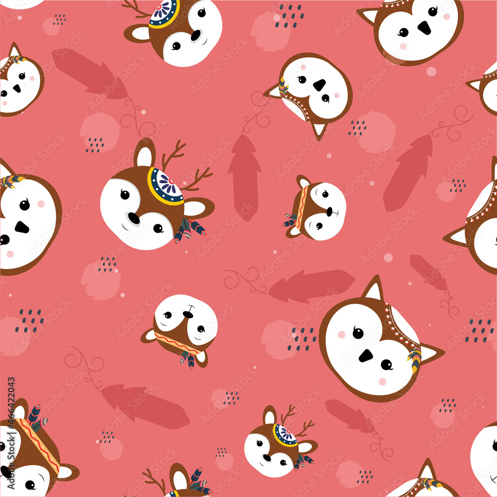 Seamless Pattern Of Cartoon Animal Face On Red Boho Style Background. Seamless Pattern Of Cartoon Animal Face On Red Boho Style Background.