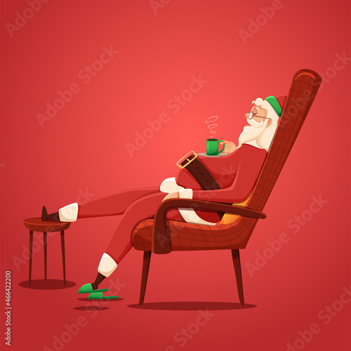Santa Claus Relaxing At Chair And Having Hot Drink On Red Background.