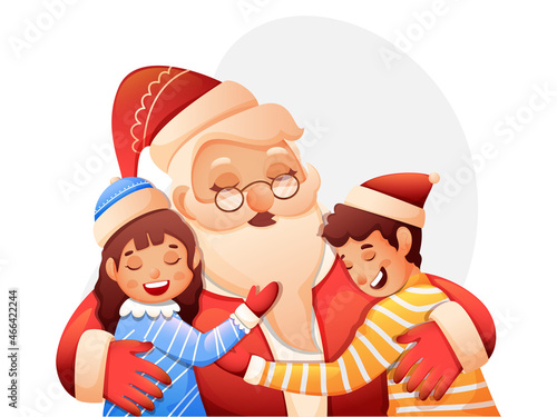 Cartoon Santa Claus Hugging Kids On White Background.