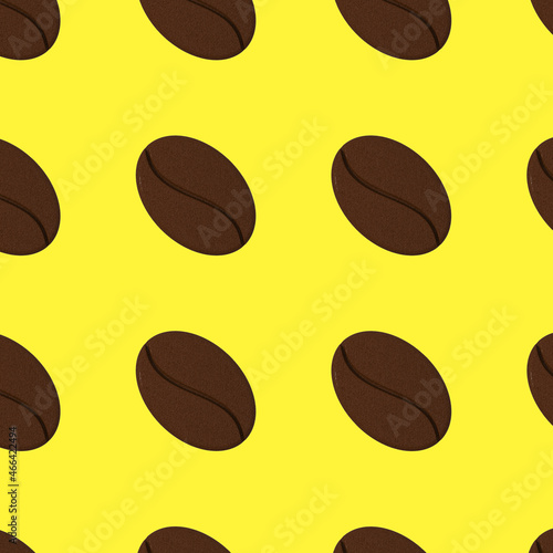 Drawing of images of coffee beans on a lemon yellow background. template for overlaying on the surface. seamless pattern. 3D rendering. 3D image