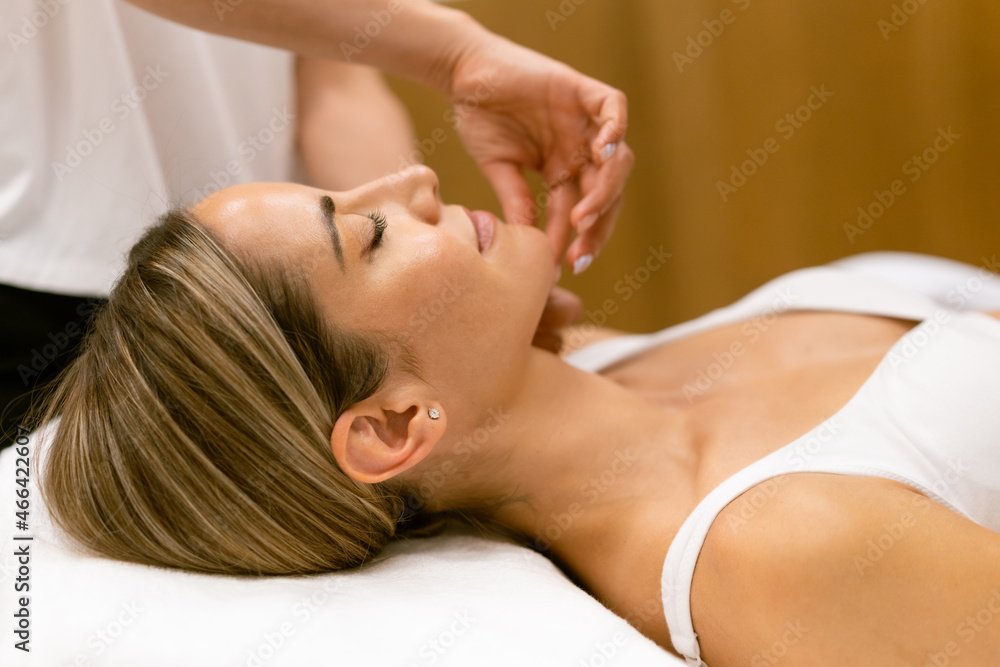 Middle-aged woman having a head massage in a beauty salon. Middle-aged woman having a head massage in a beauty salon.
