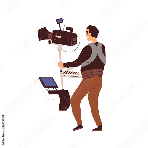 Cameraman with professional equipment of camera and screen attached to body. Movie operator shoot. Film-maker at work, video production backstage. Flat vector illustration isolated on white background