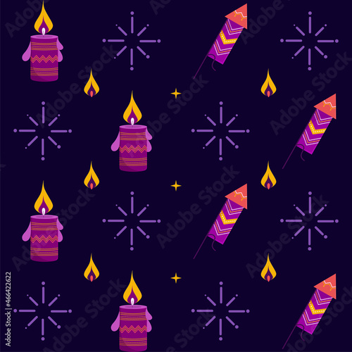 Candles, crackers, lighting and firework seamless pattern on blue background